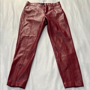 NWT Zara Red Faux Leather Leggings Front Zip Hem